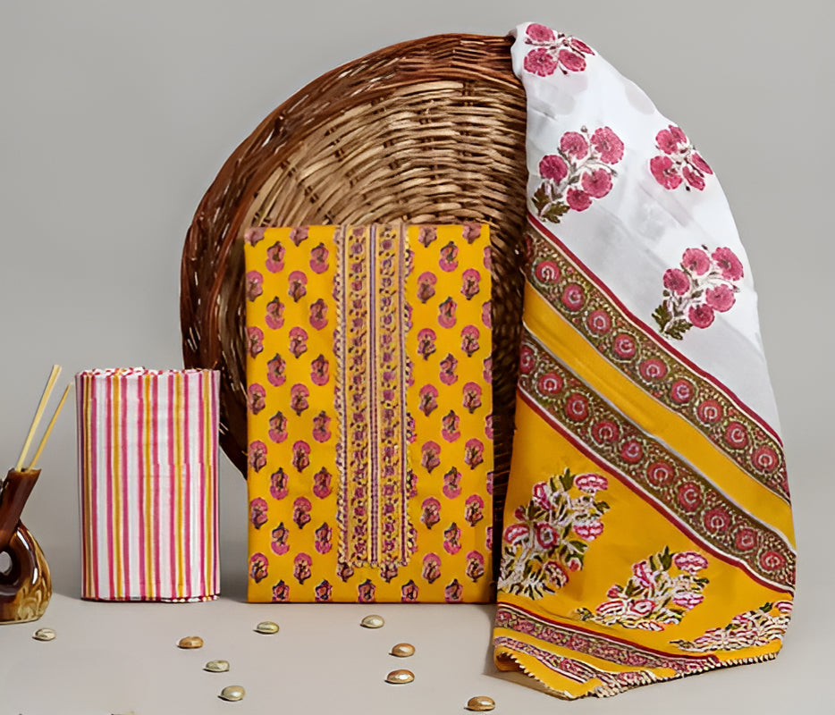 Elegant Yellow Cotton Printed Dress Material with Dupatta For Women