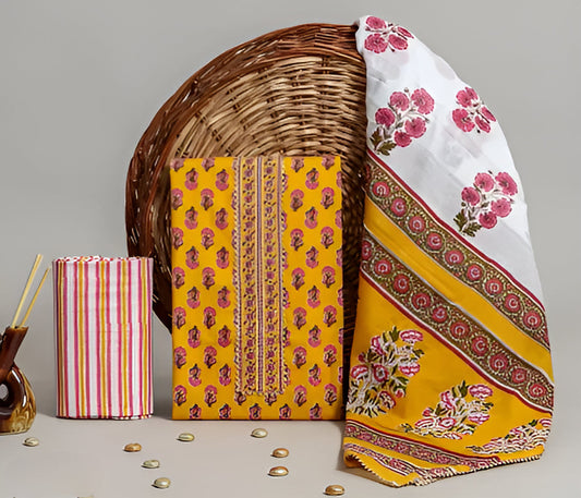 Elegant Yellow Cotton Printed Dress Material with Dupatta For Women