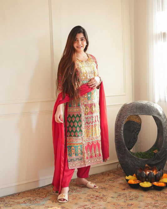 Heavy Khatli Embroidered Suit Set with Zari Weaving and Lace Dupatta