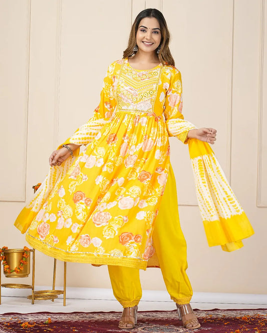 Beautiful Cotton Yellow Printed Kurta Pant And Dupatta Set For Women