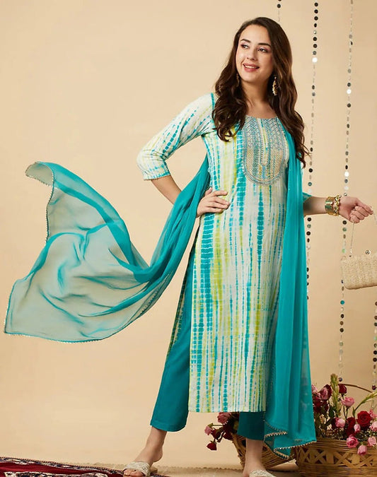 Blue Rayon Tie Dye Print Embroidered Kurta With Pant And Dupatta