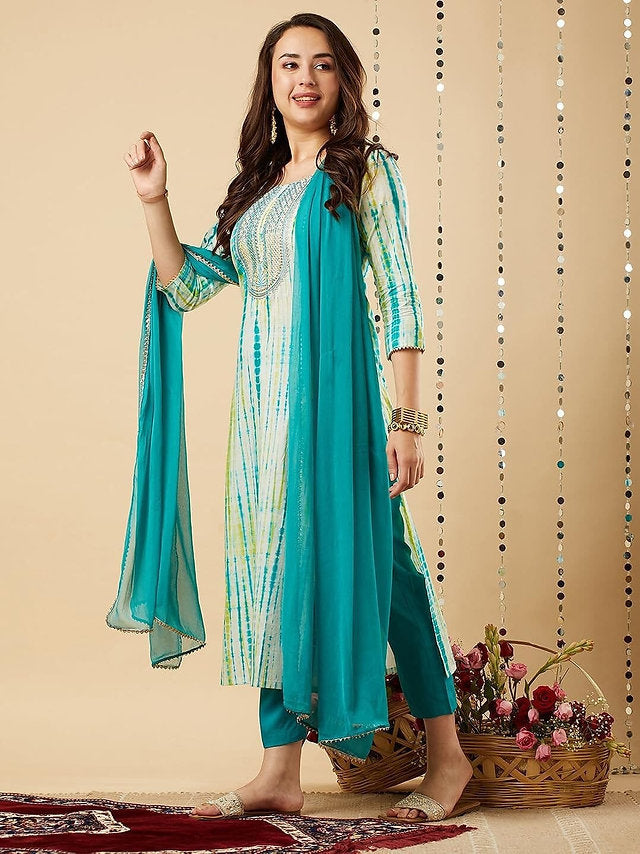 Blue Rayon Tie Dye Print Embroidered Kurta With Pant And Dupatta