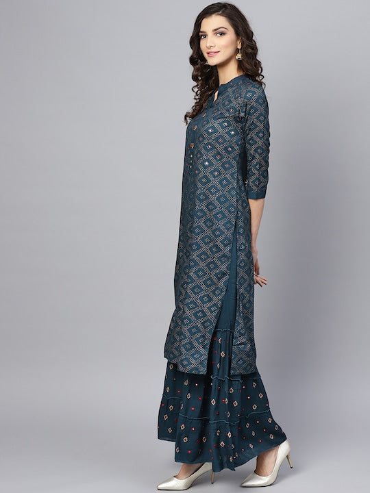 Women's Pure Cotton Printed Blue Straight Mirror Embroidery Work Kurta with Palazzo Set