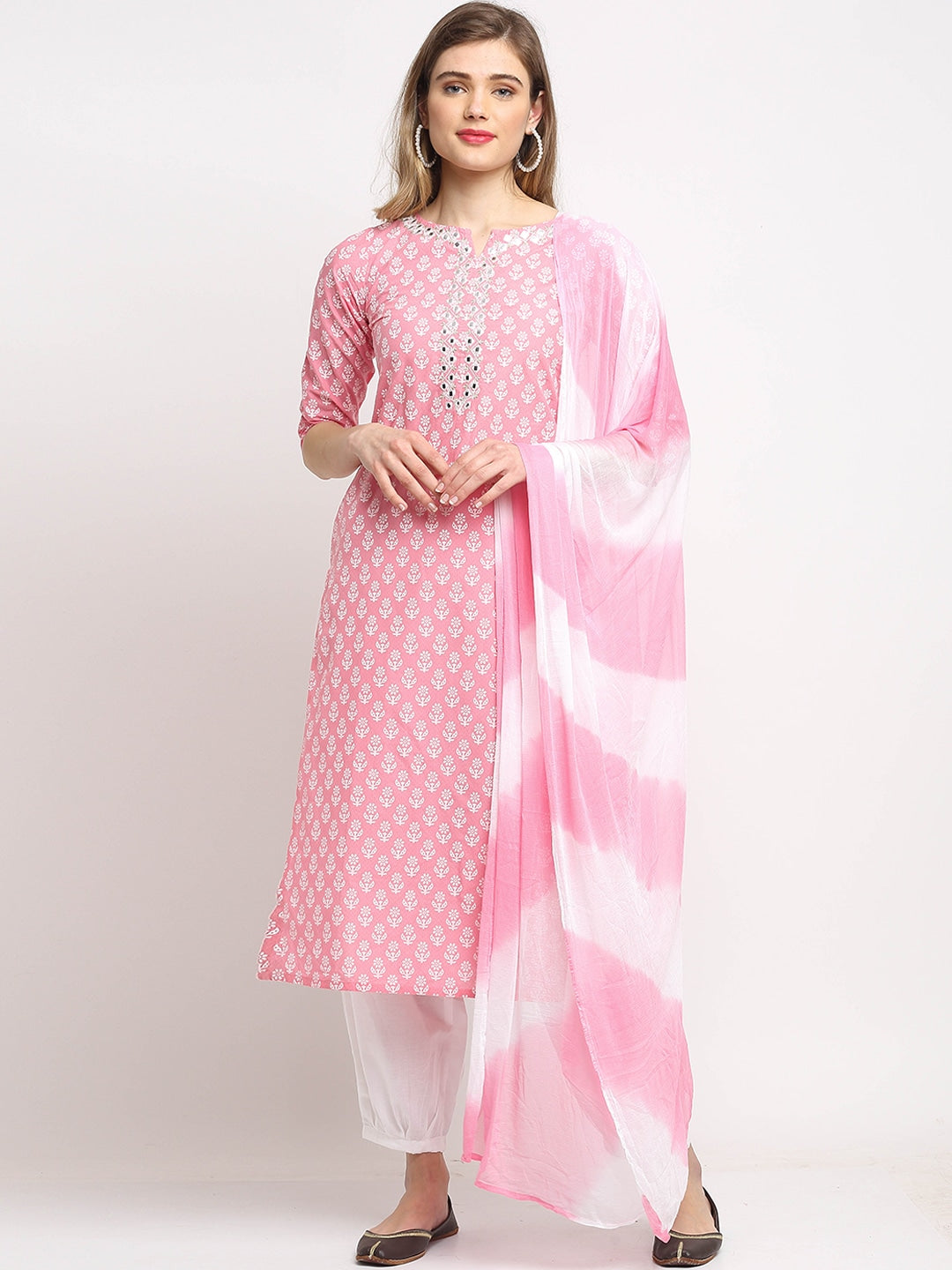 Women Pink Floral Printed Mirror Work Pure Cotton Kurta with Trousers & With Dupatta