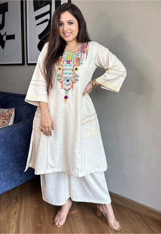 Off White Cotton Floral Embroidery Co-Ord Set