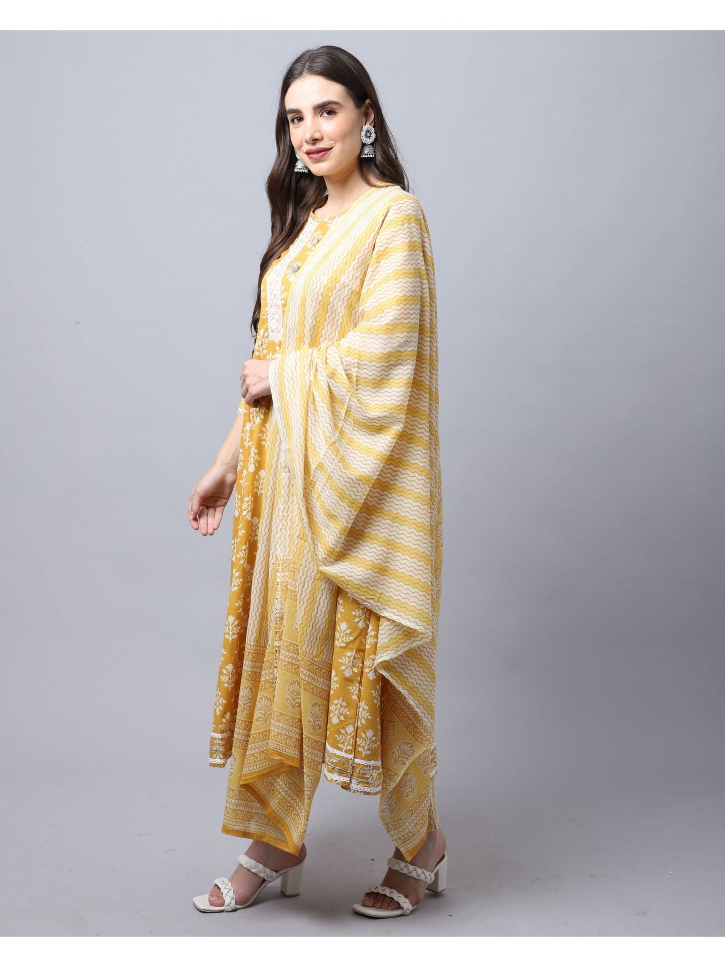 Cambric Cotton Jaipuri Printed Kurta With Dupatta - Mustard