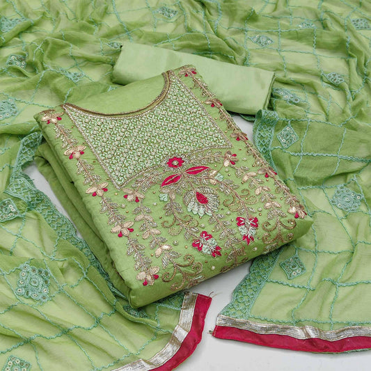 Elegant Chanderi Silk Embroidered Dress Material with Dupatta For Women
