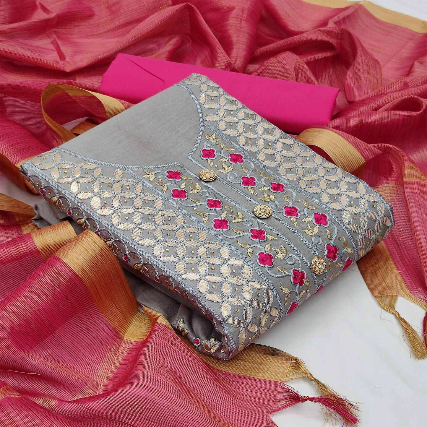 Elegant Grey Casual Embroidered Cotton Dress Material