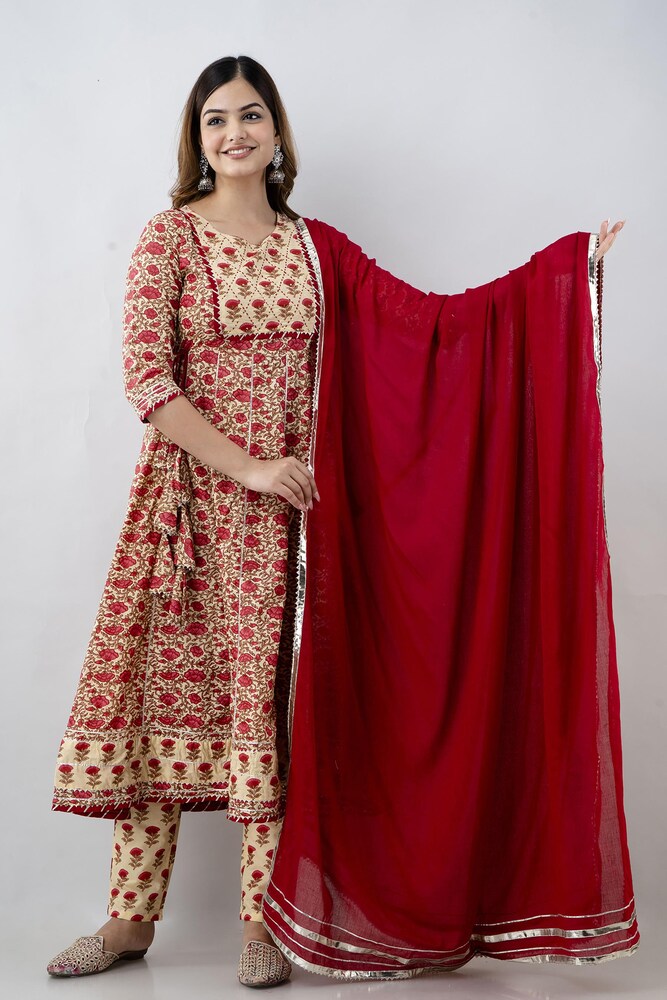 Elegant Floral Print Cotton A-line Long kurta with Pant and Dupatta Set For Women