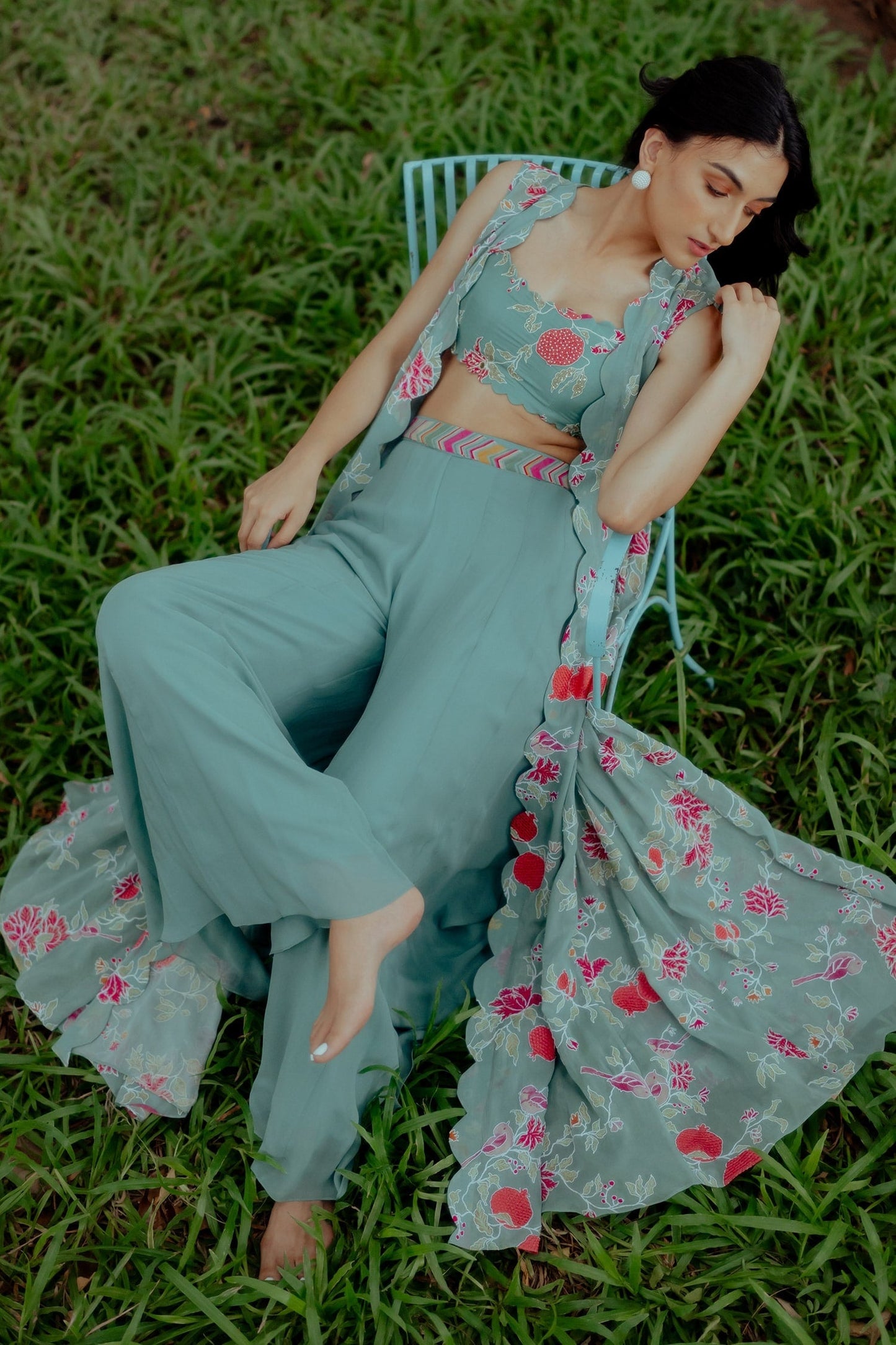 Blue Georgette Floral Print Jacket Palazzo Set