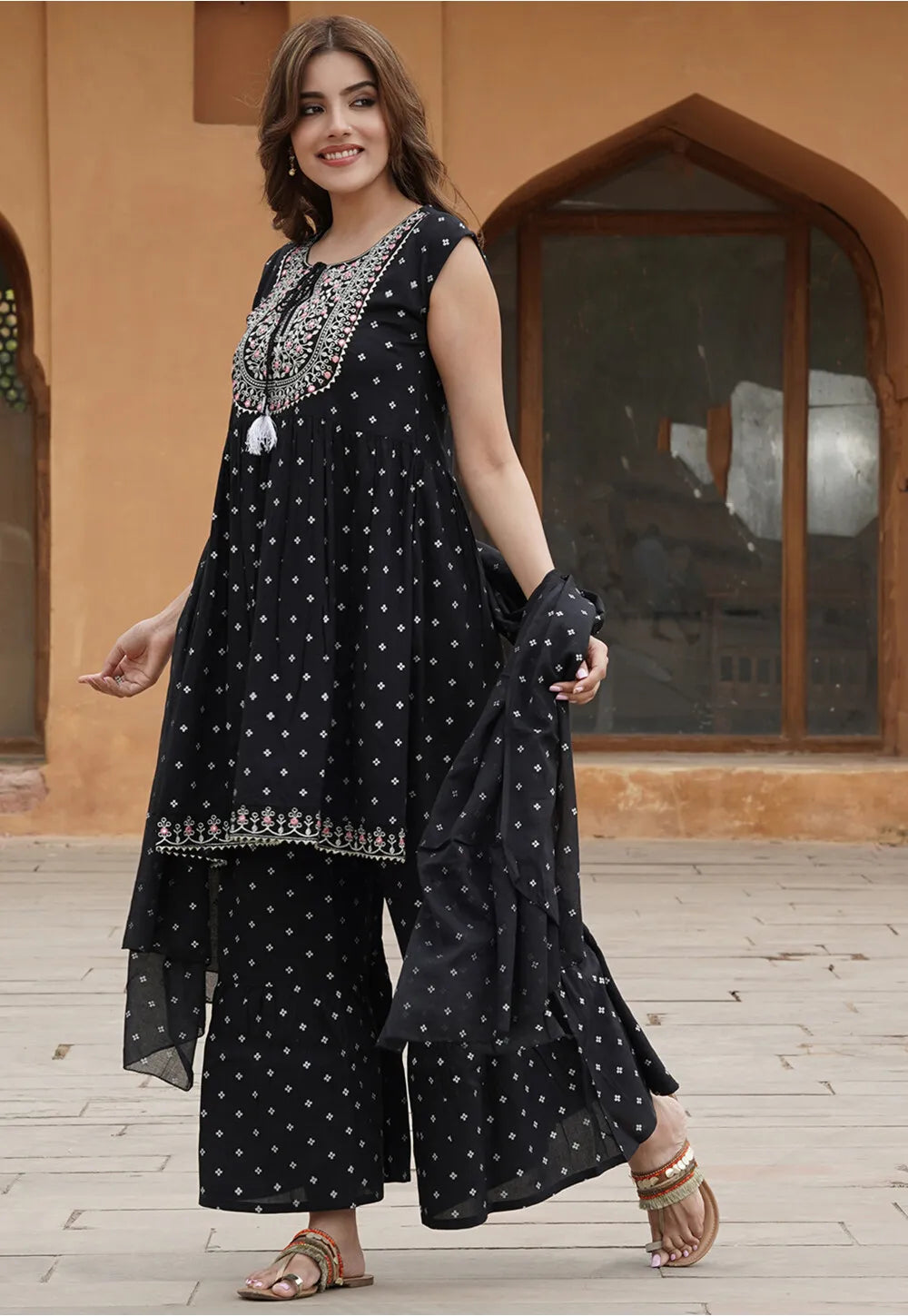 Embroidery work Printed Kurti with Sharara Dupatta Set for Women