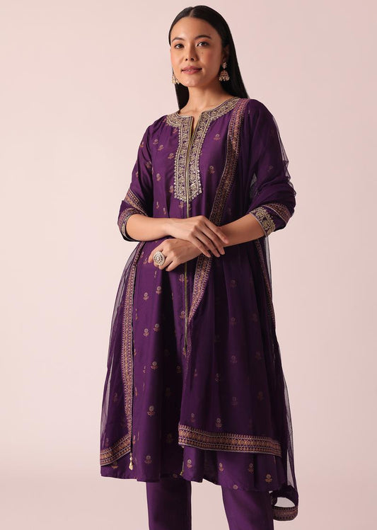 Purple Floral Print Kurta Set with Gota Lace Embroidery