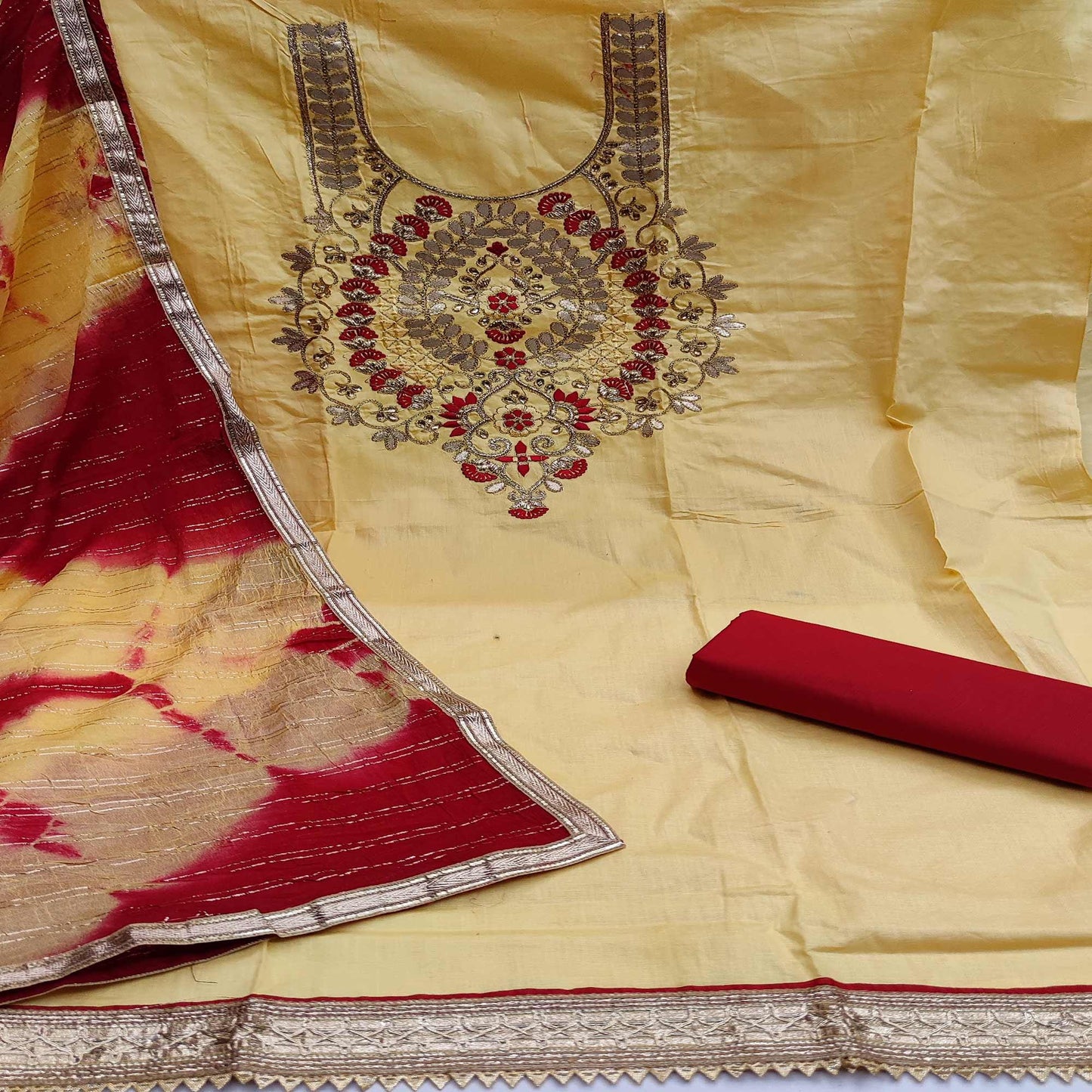 Elegant Yellow Cotton Embroidered Dress Material with Dupatta For Women