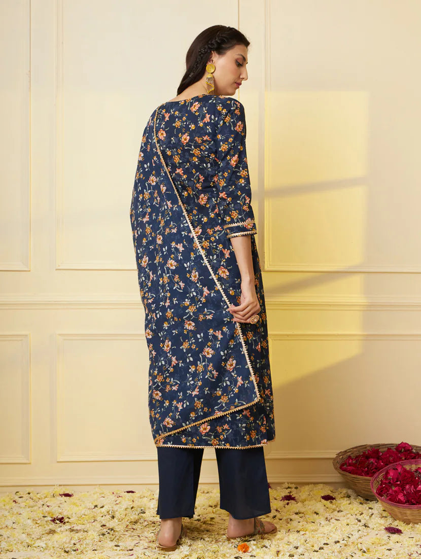 Trendy Blue Floral Print Cotton Straight Kurta Palazzo Set With Dupatta For Women