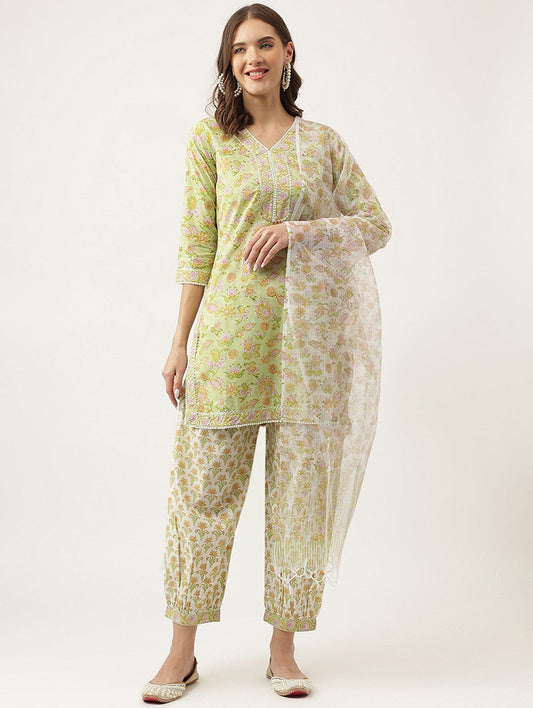 Stylish Green Cotton Printed Straight Kurta, Bottom and Dupatta Set