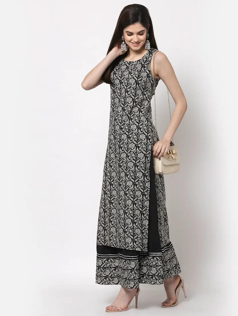 Women Rayon Cotton Printed Straight Kurta Skirt Set