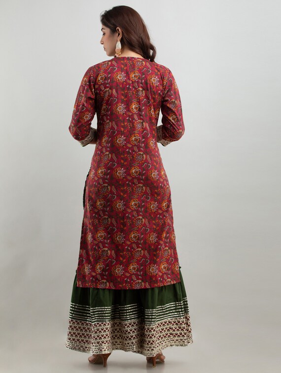 Women's Cambric Straight Embroidery Kurti with Sharara and Dupatta Dress